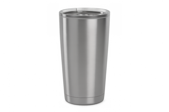 Photorealistic stainless steel tumbler rendered in 3d, featuring transparent backdrop highlighting product design and versatile lifestyle potential