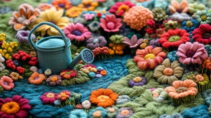 Fototapeta premium Colorful Felt Flower Garden with Blue Watering Can for Craft and Gardening Enthusiasts