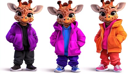   A pair of giraffes standing together against a white backdrop with one sporting a purple jacket