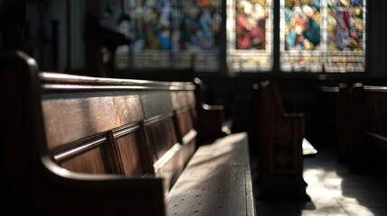 Serene church interior bathed in warm light through stained glass, evoking tranquility.