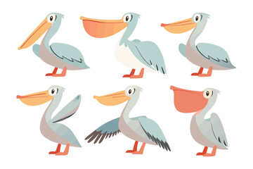 Pelican Variety in Motion: A charming illustration presents a series of pelicans, each showcasing a unique posture and expression, capturing the essence of avian grace and diversity.
