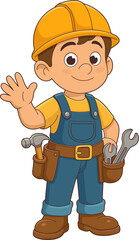 Cartoon character of a construction worker wearing protective equipment.