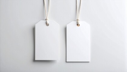 "Minimal white hanging tags with rounded corners and strings, isolated on plain background for branding or labeling."
