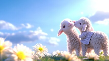   Sheep standing in a field of grass and daisies