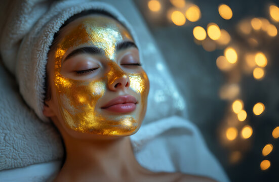 Woman relaxing with a luxurious gold facial mask at a day spa - Powered by Adobe