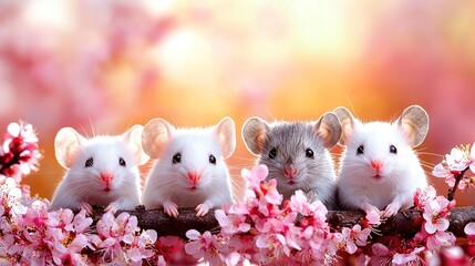   Three mice sit on a tree, surrounded by pink blossoms under the warm sun