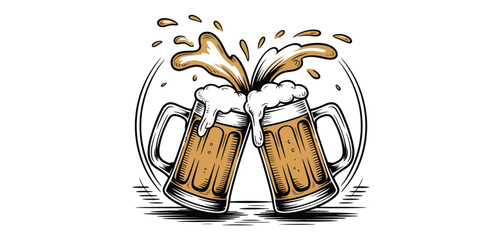 Two mugs of beer clinking together with splashing foam