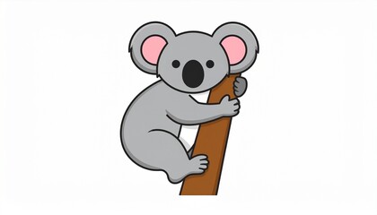 A cute cartoon koala clinging to a tree branch. Adorable Australian wildlife animal vector illustration isolated on a white background.