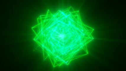Glowing green energy sphere formed by dynamic mesh particles and radiant digital strands in a dark space