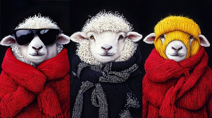   Three sheep in sweaters, scarves, sunglasses; one in hat and sunglasses