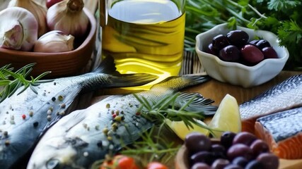 Video with fish, vegetables and olives on the table. Useful for cooking programs, advertising Mediterranean cuisine and healthy lifestyle.

