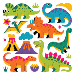Obraz premium Cute cartoon dinosaurs and volcanoes in a playful prehistoric scene