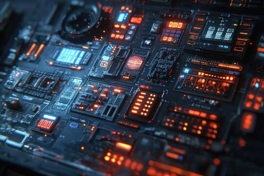 Close-up of intricate futuristic control panel with glowing orange-red elements
