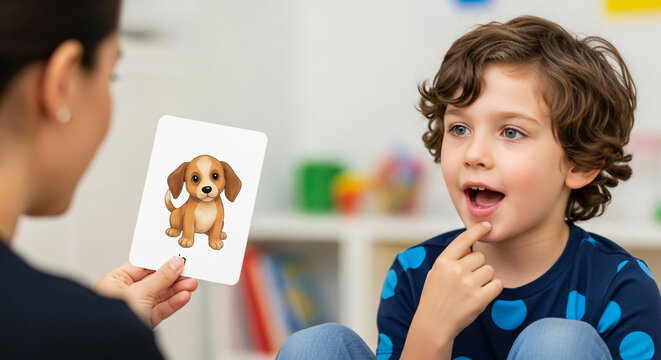 Engaged child learning words with flashcards during speech therapy session with attentive therapist