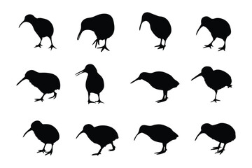Kiwi silhouettes: A captivating collection of kiwi silhouettes, each a dark emblem of New Zealand's cherished avian icon, presenting an artistic showcase in a striking and minimalist design.