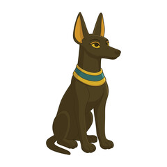 Ancient Egypt: Anubis figure with yellow eyes and ears in a seated position.