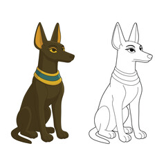 Egyptian Dog Art: Anubis style dog illustration, one colored, one outline.