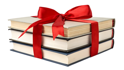 Books stacked with red ribbon gift wrap for education reading and learning present for students and teachers isolated on transparent background