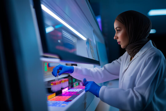 A young Middle Eastern woman in a lab coat working with a DNA sequencing machine - Powered by Adobe