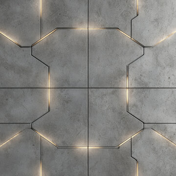 A futuristic sci-fi wall panel background featuring gray concrete tiles with illuminated golden light lines, creating a modern, high-tech, and geometric pattern.
