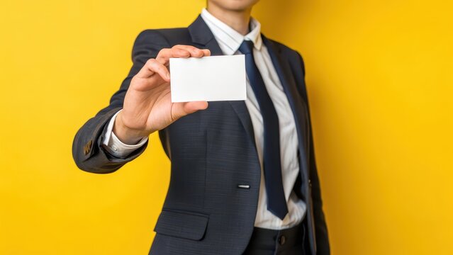 Professional Woman Holding Blank Business Card Against Yellow Background - Powered by Adobe