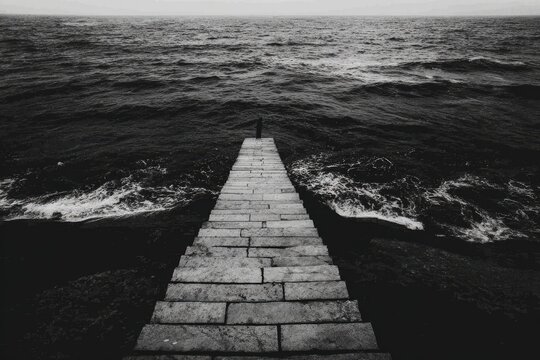 Gray stone steps lead into a vast, dark sea. A lone figure stands at the center - Powered by Adobe