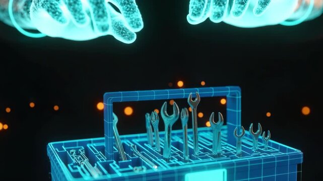 A futuristic representation of glowing hands hovering over a digital toolbox filled with various tools symbolizing innovation and technology in maintenance or repair work