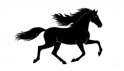 A dynamic black silhouette of a powerful horse prancing with a flowing mane and tail. Isolated vector graphic on a white background.