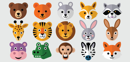 Collection of cute cartoon animal faces with simple designs and bright colors