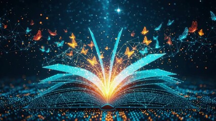 An open book radiating vibrant light and colorful butterflies symbolizing creativity and knowledge set against a digital background filled with glowing particles and interconnected lines - Powered by Adobe