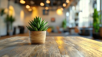 Modern Office Interior Design  Succulent Plant in Rustic Wooden Pot on Wooden Table, Blurred Background, Cozy Workspace, Home Decor, Minimalist Style, Natural Light.