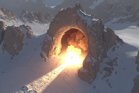 Exploding cave entrance in snowy mountains