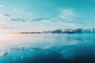Obraz premium Calm river at sunrise, tranquil mist