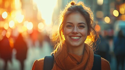 Happy Young Woman Smiling Outdoors in Golden Hour Light, City Bokeh Background, Urban Lifestyle Portrait, Travel Photography, Backpack, Casual Fashion, Street Style, Positive Emotion, Joyful