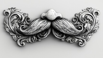 Ornate Silver Baroque Rococo Style Mustache and Nose Design Element, 3D Render, Vintage Decorative Floral Ornament, Elegant  Architectural Detail, Luxury  Gray Background