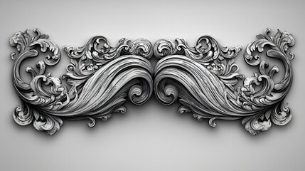 Elegant 3D Baroque Silver Ornament, Vintage Scroll Design, Intricate Floral Detail, Luxury Decorative Element, Ornate Frame, Architectural Design, Classical Style, Gray Background, High-Resolution
