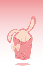 pink envelope for a newborn with bunny ears on a delicate. bunny blanket is designed for girl and is suitable for a party where her gender is taken into account. object on a gradient. This is a girl
