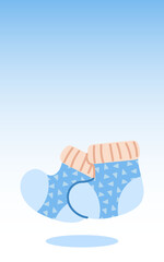 Blue gradient banner with a baby pair of socks. Blue socks with triangles, a symbol of a boy at a gender party. Surprise for a pregnant woman. Let's find out the baby's gender. It's a boy. vertical