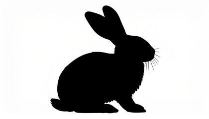 Obraz premium Black silhouette of a cute rabbit sitting upright. A simple, flat vector graphic of a hare with long ears, isolated on a white background.