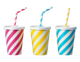 Colorful Striped Paper Cups with Straws, Neon Yellow and Blue, 3D Realism Design Element with Transparent Background