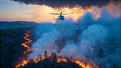 Fototapeta premium Firefighting helicopter releasing water over wildfire in mountain forest at sunset 