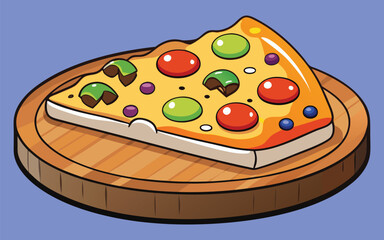 Delicious vector pizza with melted cheese and colorful toppings on wooden board texture