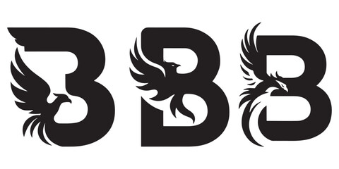 Stylized Black Letter B Icons with Phoenix Illustrations, Three Distinct Letter B Symbols Adorned with Rising Phoenix Figures