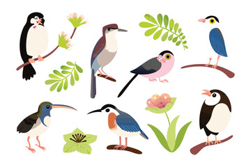 Vibrant Birdlife Illustrations: A collection of colorful birds in various poses, perched on branches amidst leafy greens, creates a lively and charming illustration.