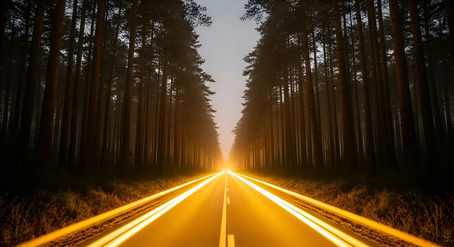 A highway stretches through a dense forest at dawn.