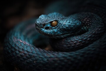 Fototapeta premium Intense close up of a blue viper with piercing orange eyes
