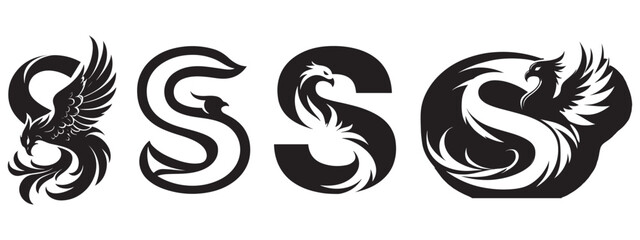 A set of stylized phoenix logos in the shape of the letter S, Black and white phoenix logo designs with an S motif