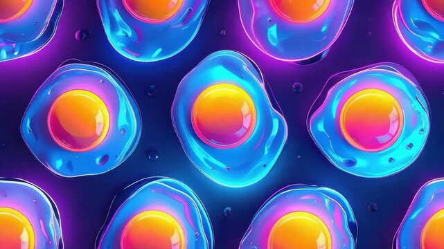 Colorful fried eggs with neon glow create a vibrant and modern culinary background
