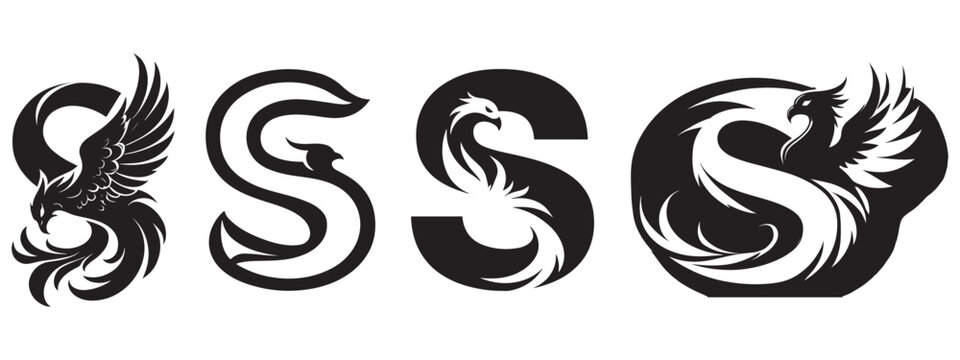 A set of stylized phoenix logos in the shape of the letter S, Black and white phoenix logo designs with an S motif