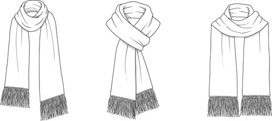 Fringe scarf flat sketch, winter scarf vector template, front view scarf styles, fashion CAD drawing, cozy accessory illustration, technical apparel design, warm wrap